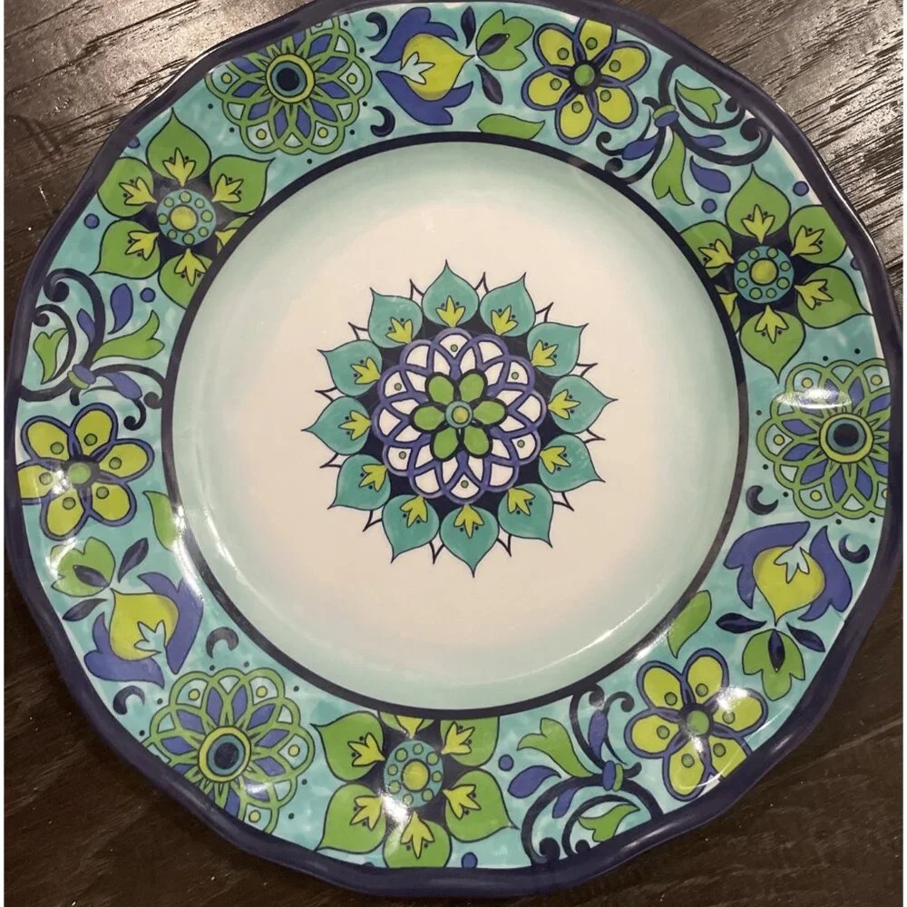 Melamine Dinner Plates Blue Colorful‎ Floral Flowers Set Of 4 Boho Cottage Beach